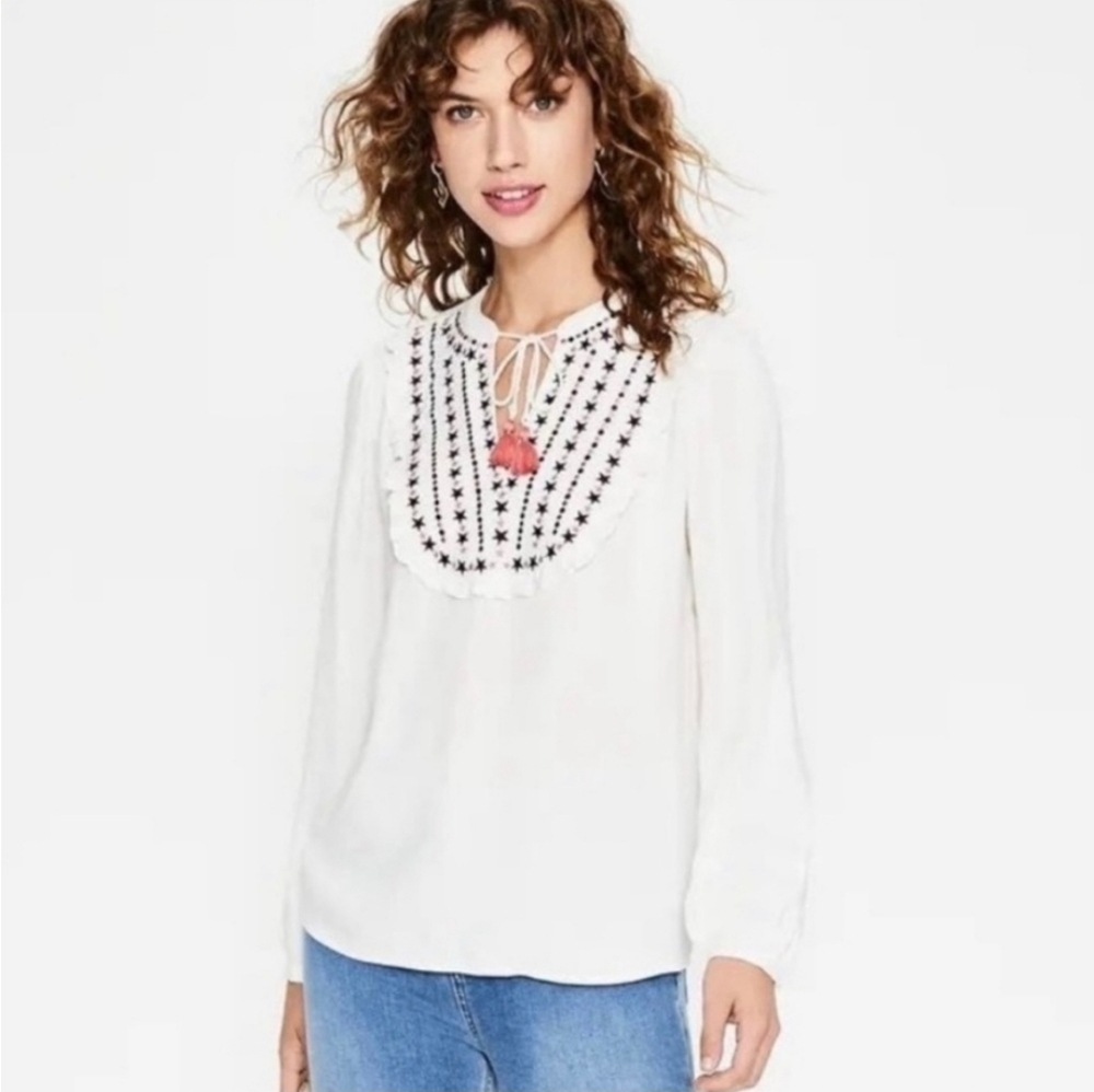Boden Polly White Embroidered Long Slender Tie Neck Blouse Size 6